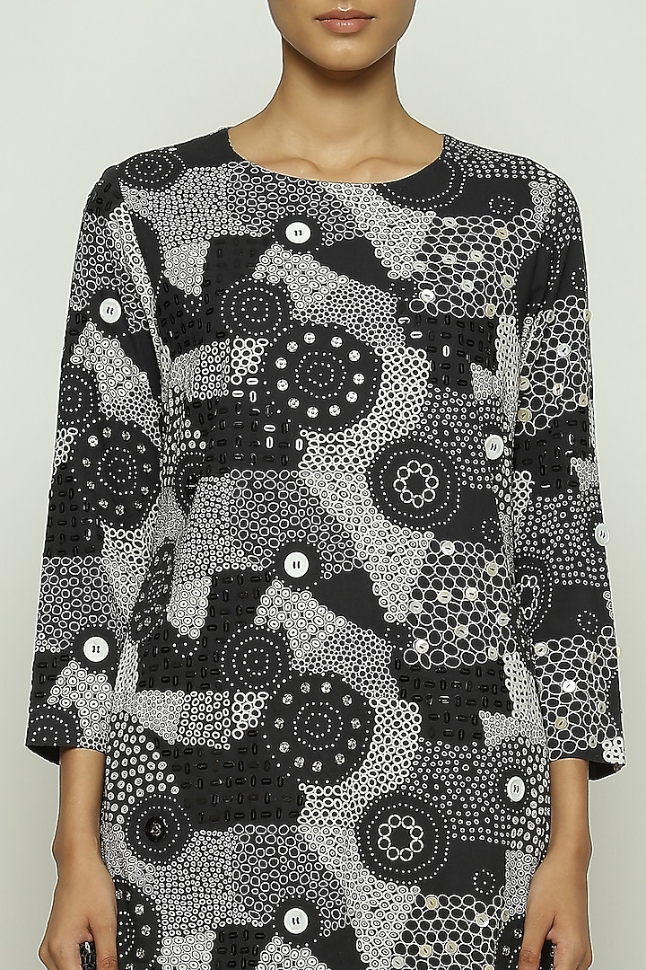 Black Cotton Voile Printed & Sequins Embroidered Vacation Dress by Abraham & Thakore at Pernia's Pop Up Shop
