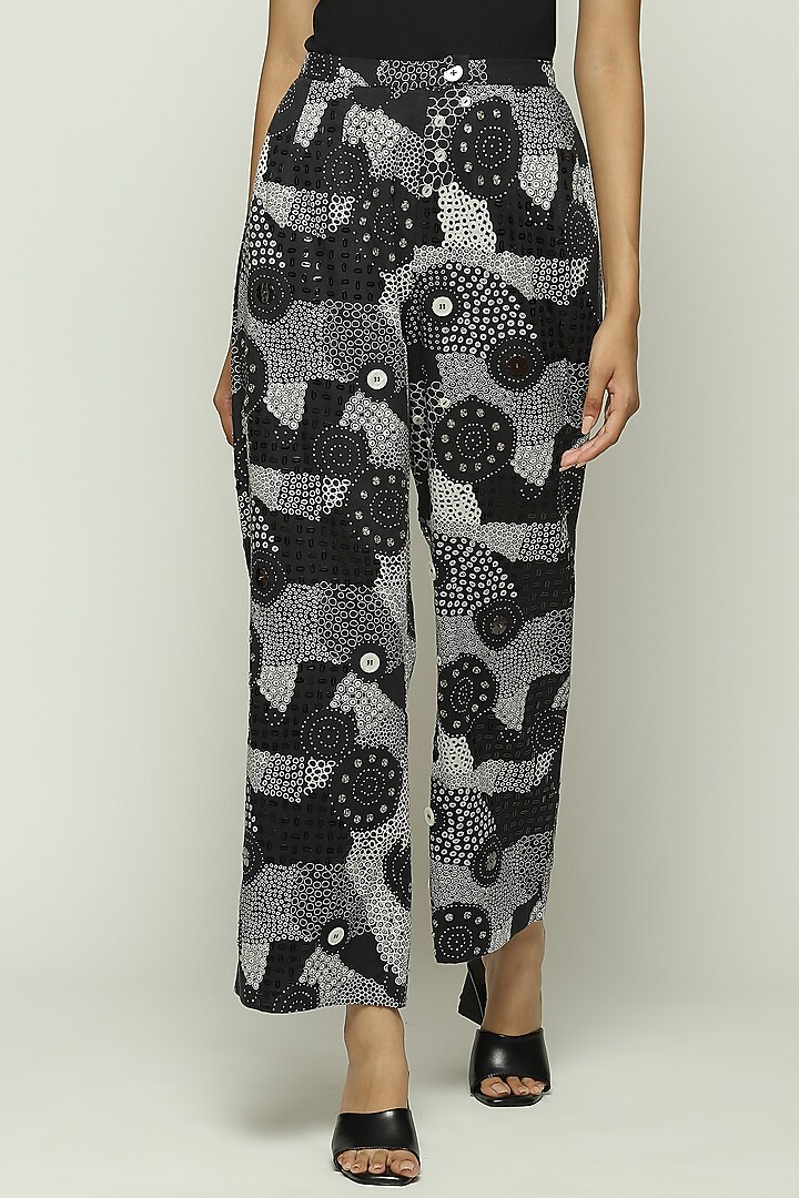 Black Cotton Voile Printed & Embroidered Tapered Pants by Abraham & Thakore at Pernia's Pop Up Shop
