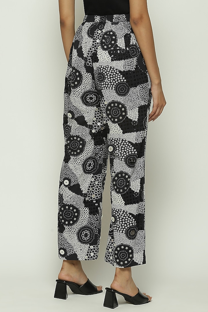 Black Cotton Voile Printed & Embroidered Tapered Pants by Abraham & Thakore at Pernia's Pop Up Shop