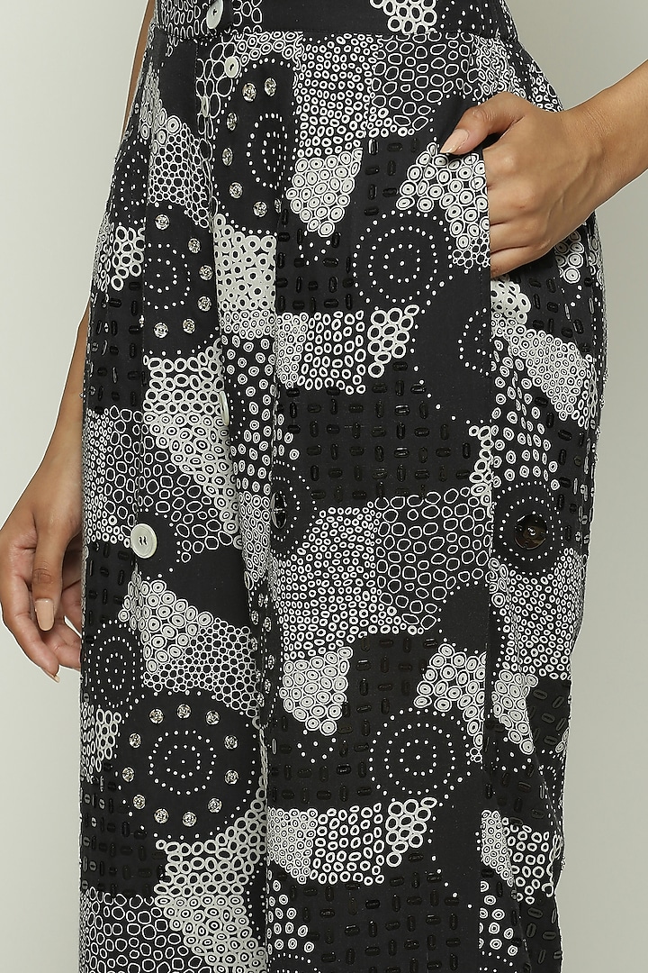 Black Cotton Voile Printed & Embroidered Tapered Pants by Abraham & Thakore at Pernia's Pop Up Shop