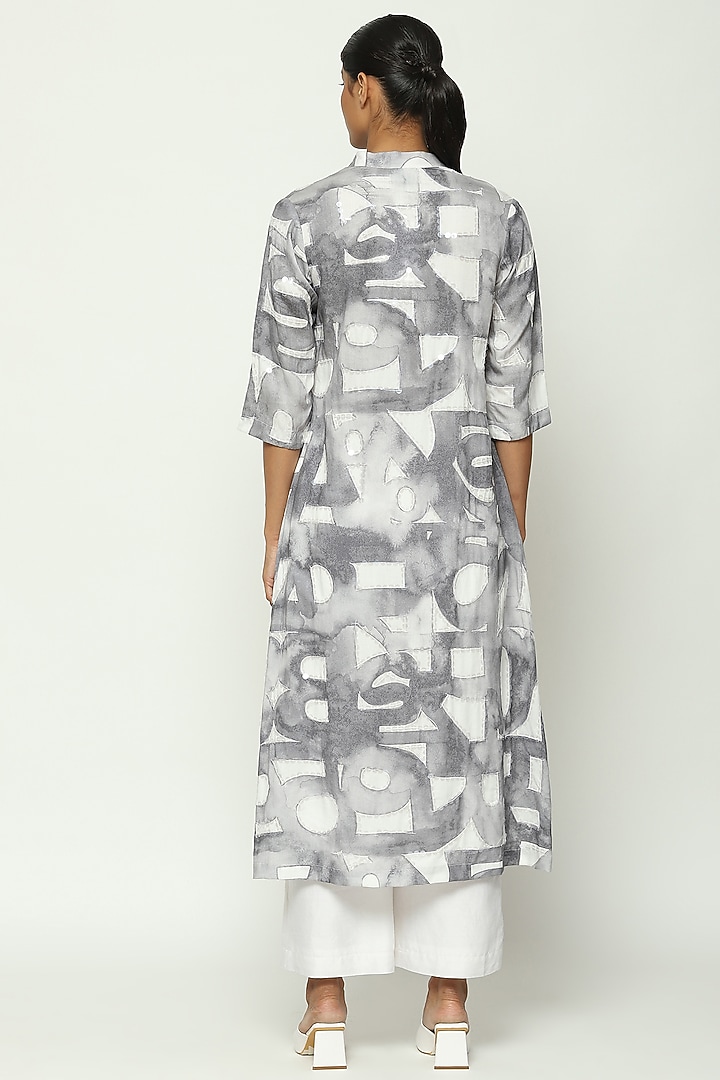 White Tencel Digital Printed & Embroidered Kurta by Abraham & Thakore at Pernia's Pop Up Shop