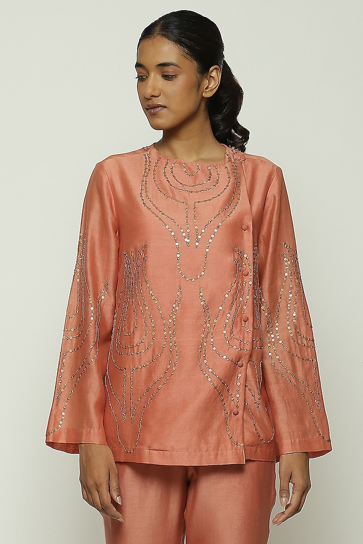 Red Wood Fine Silk Sequin Embroidered Top by Abraham & Thakore at Pernia's Pop Up Shop