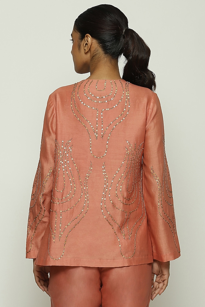 Red Wood Fine Silk Sequin Embroidered Top by Abraham & Thakore at Pernia's Pop Up Shop