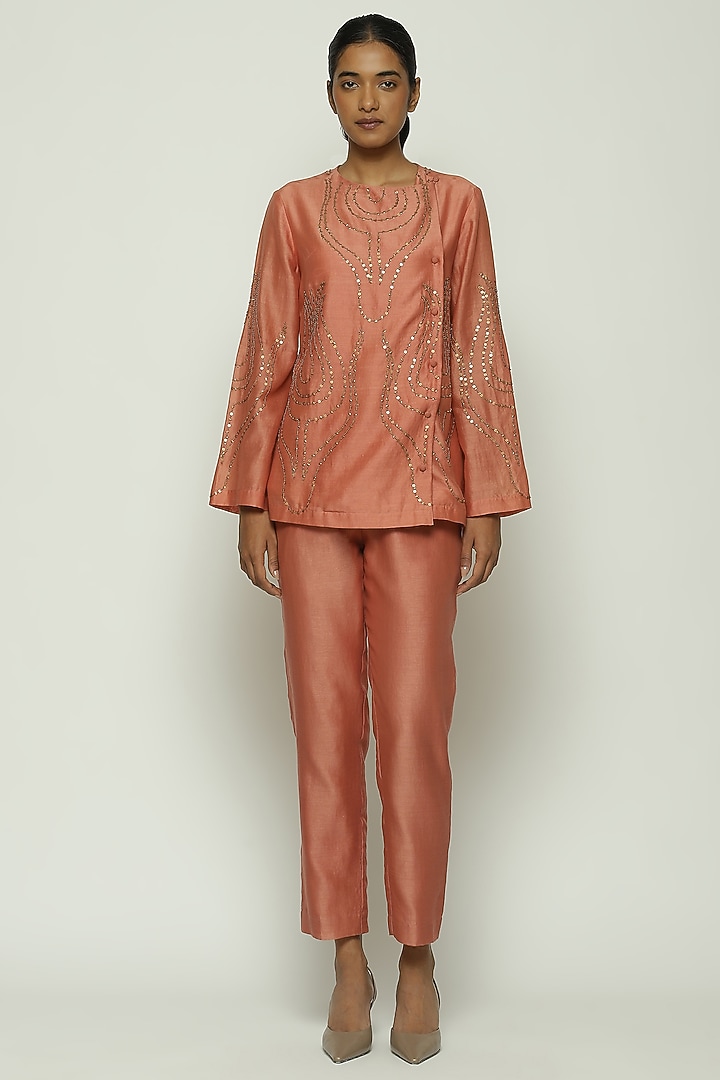 Red Wood Fine Silk Sequin Embroidered Top by Abraham & Thakore at Pernia's Pop Up Shop