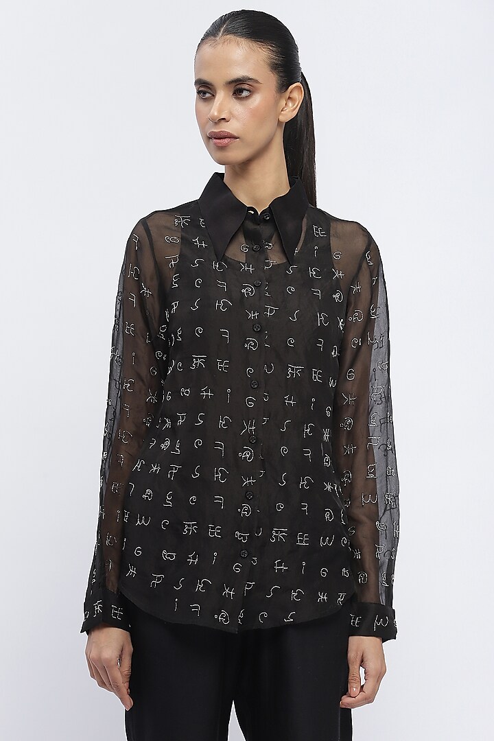 Black Silk Organza Hand Embroidered Shirt by Abraham & Thakore at Pernia's Pop Up Shop