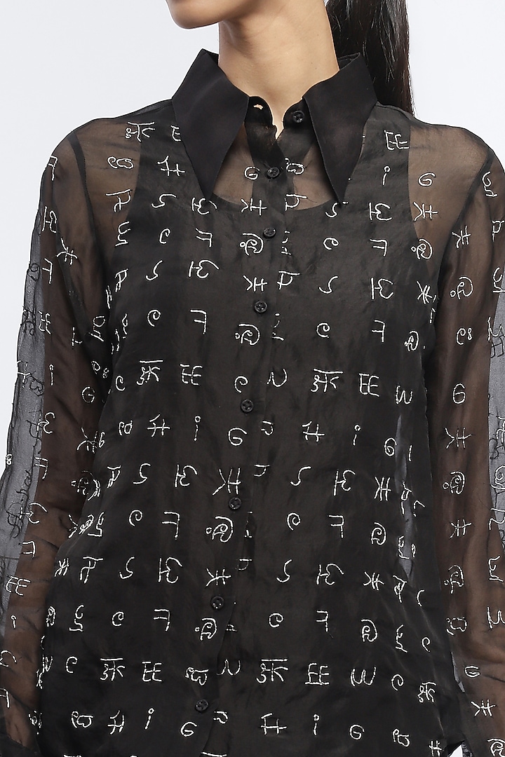 Black Silk Organza Hand Embroidered Shirt by Abraham & Thakore at Pernia's Pop Up Shop