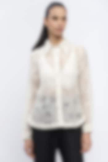 Ivory Silk Organza Applique Shirt by Abraham & Thakore at Pernia's Pop Up Shop