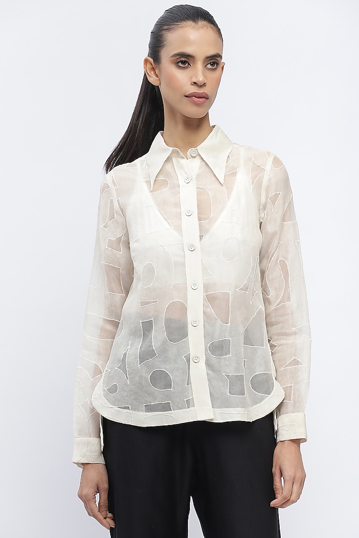 Ivory Silk Organza Applique Shirt by Abraham & Thakore at Pernia's Pop Up Shop