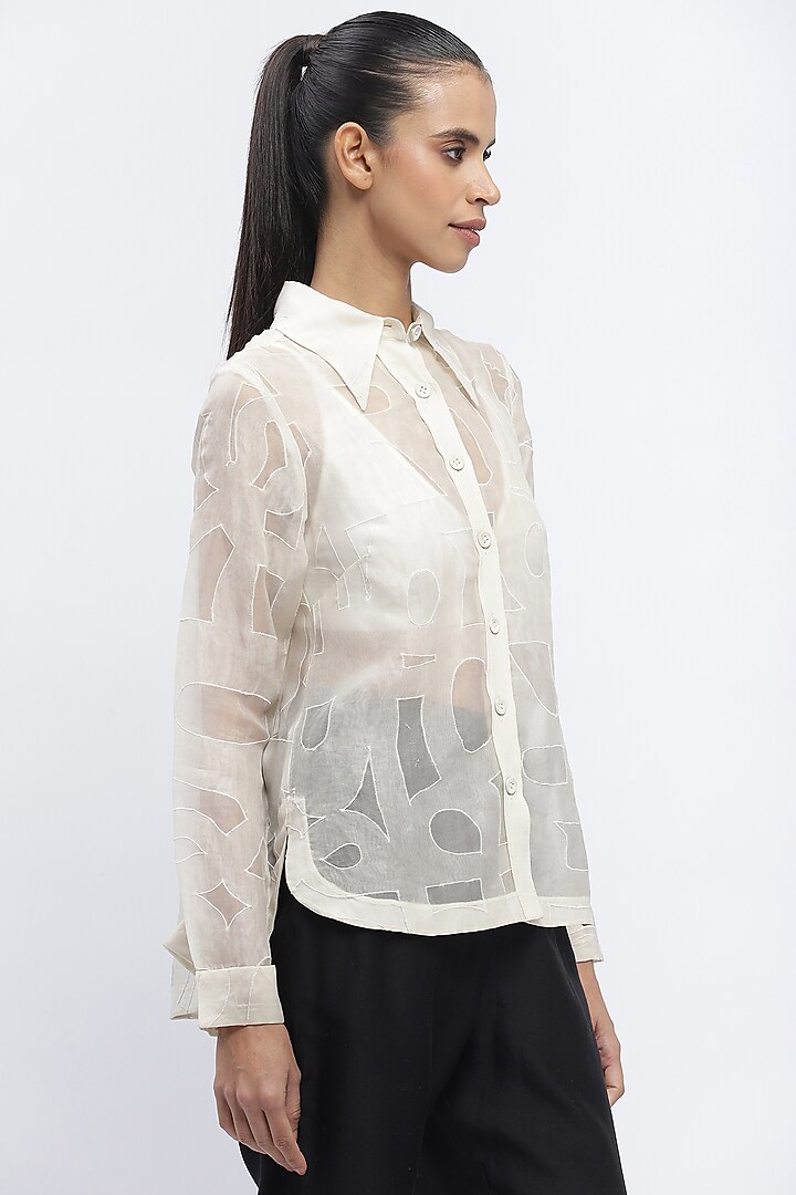 Ivory Silk Organza Applique Shirt by Abraham & Thakore at Pernia's Pop Up Shop