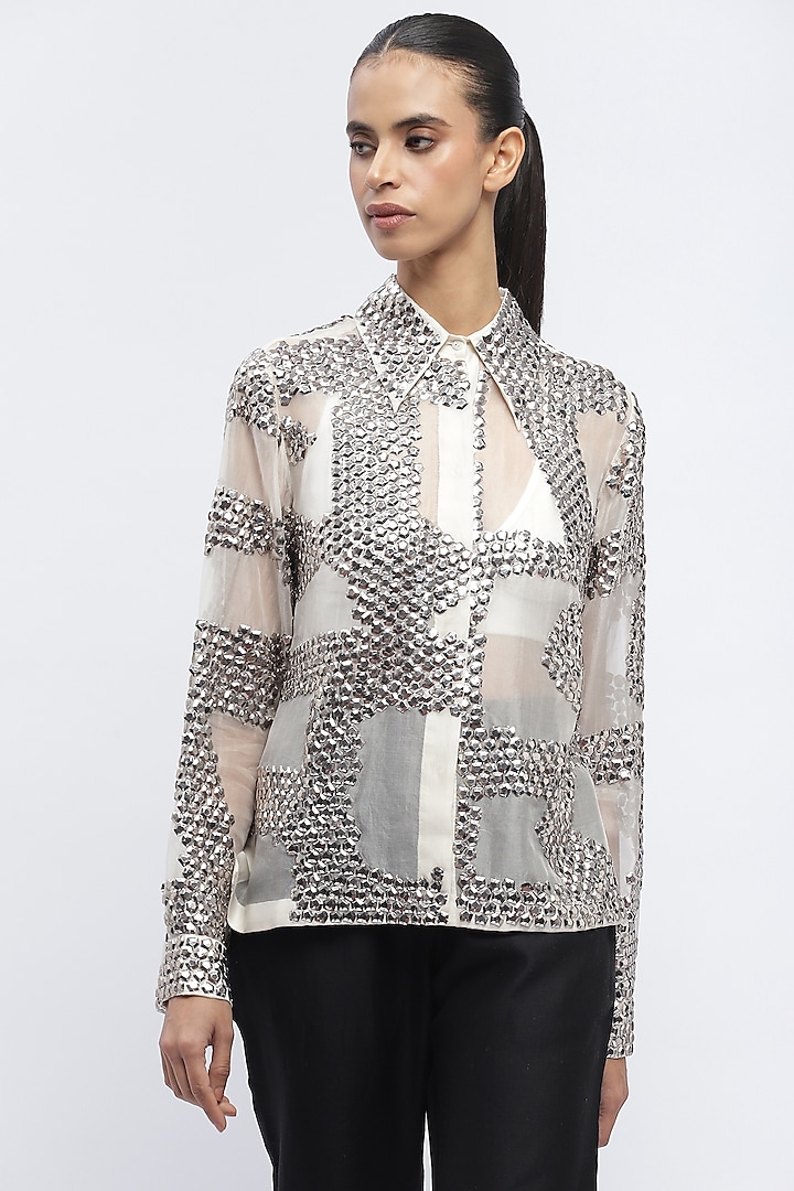 Ivory Silk Organza Sequins Embroidered Shirt by Abraham & Thakore at Pernia's Pop Up Shop