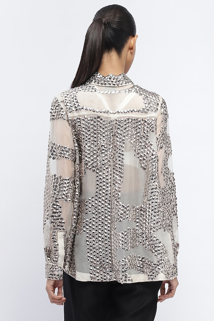 Ivory Silk Organza Sequins Embroidered Shirt by Abraham & Thakore at Pernia's Pop Up Shop