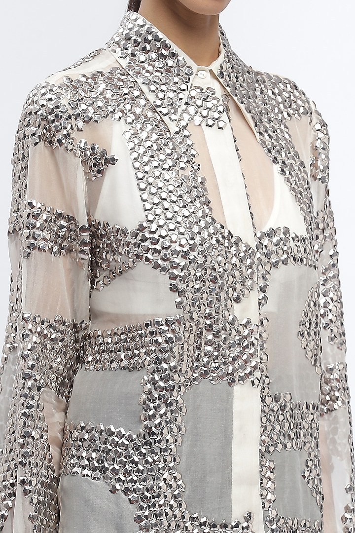 Ivory Silk Organza Sequins Embroidered Shirt by Abraham & Thakore at Pernia's Pop Up Shop