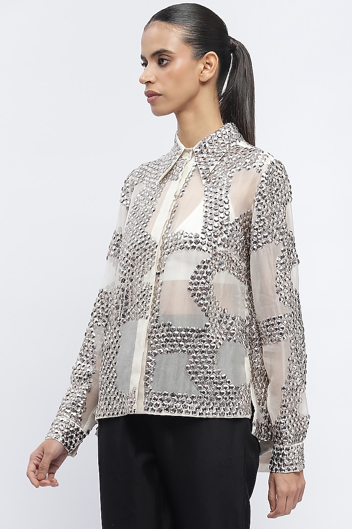 Ivory Silk Organza Sequins Embroidered Shirt by Abraham & Thakore at Pernia's Pop Up Shop