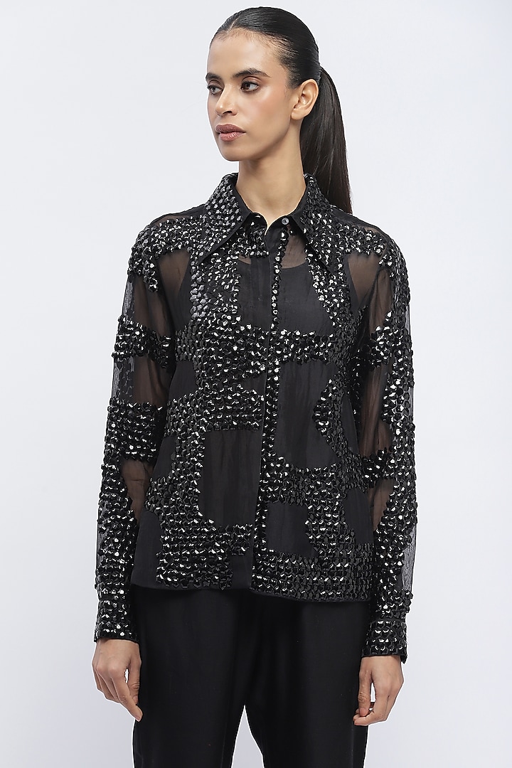 Black Silk Organza Sequins Embroidered Shirt by Abraham & Thakore at Pernia's Pop Up Shop