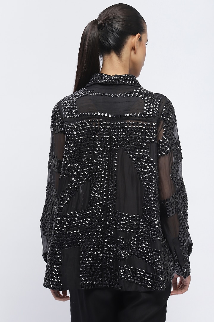 Black Silk Organza Sequins Embroidered Shirt by Abraham & Thakore at Pernia's Pop Up Shop