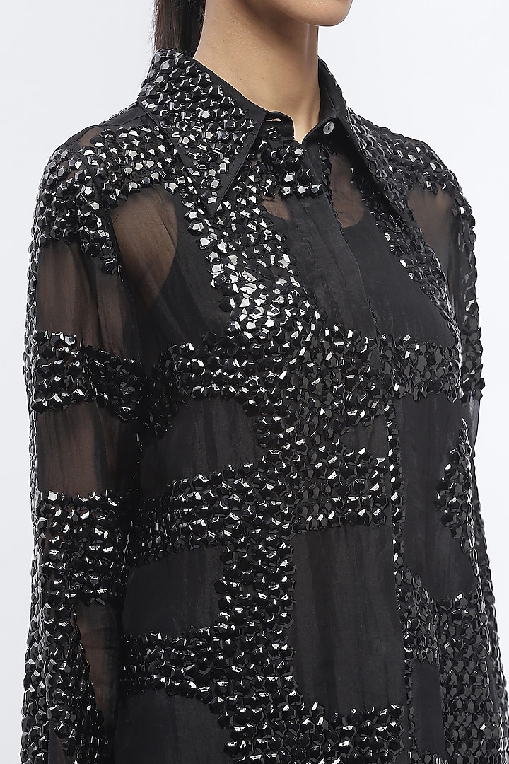 Black Silk Organza Sequins Embroidered Shirt by Abraham & Thakore at Pernia's Pop Up Shop