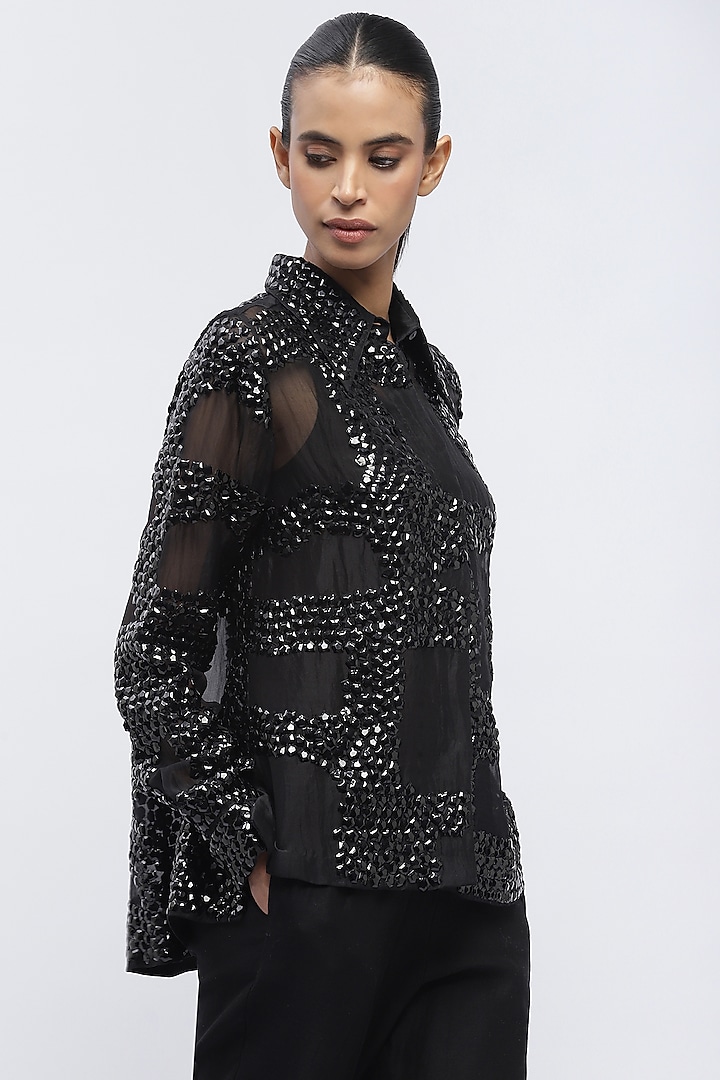 Black Silk Organza Sequins Embroidered Shirt by Abraham & Thakore at Pernia's Pop Up Shop