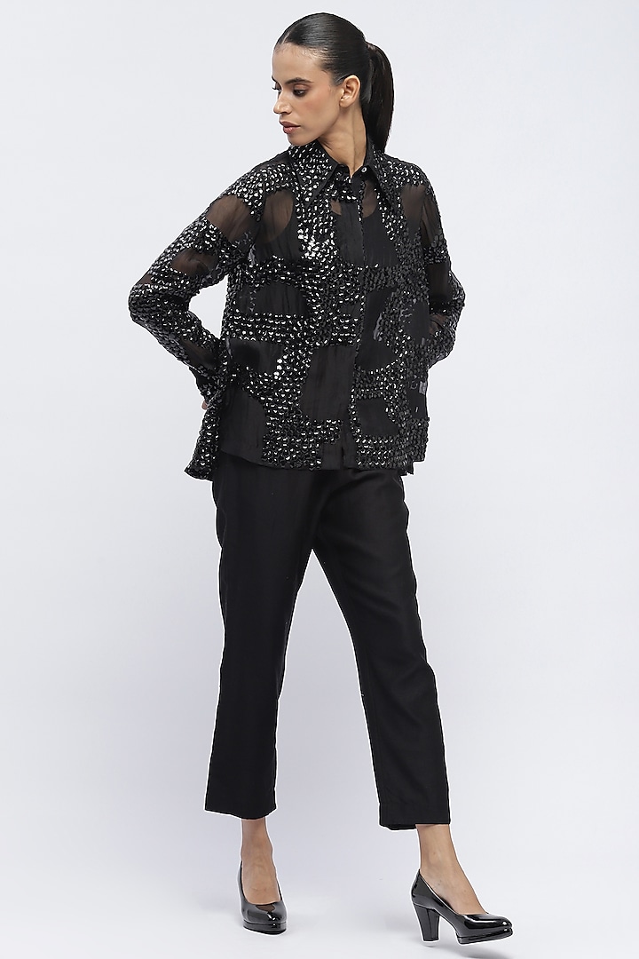 Black Silk Organza Sequins Embroidered Shirt by Abraham & Thakore at Pernia's Pop Up Shop
