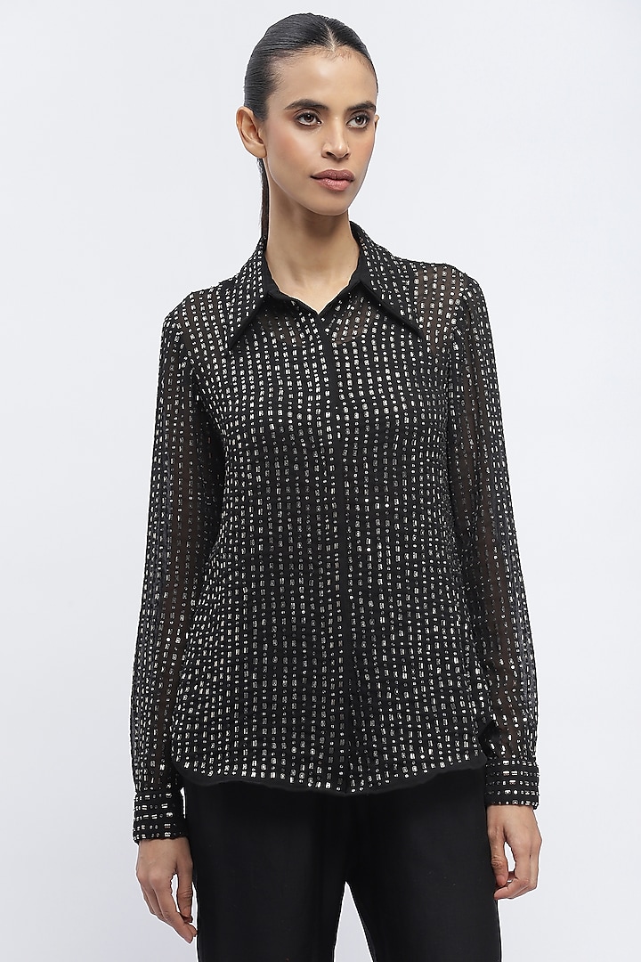 Black Silk Georgette Sequins Embroidered Shirt by Abraham & Thakore at Pernia's Pop Up Shop