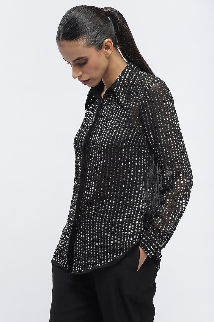 Black Silk Georgette Sequins Embroidered Shirt by Abraham & Thakore at Pernia's Pop Up Shop