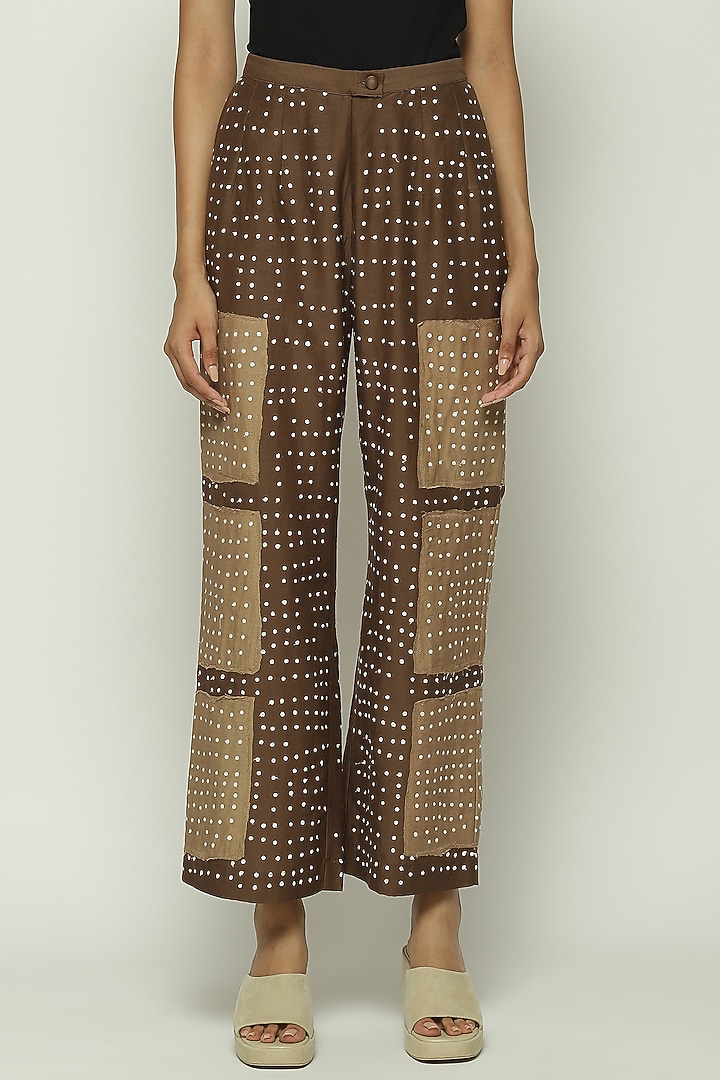 Mocha Brown Fine Silk Applique Embellished Trousers by Abraham & Thakore at Pernia's Pop Up Shop