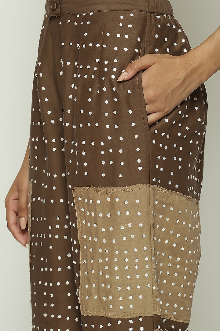 Mocha Brown Fine Silk Applique Embellished Trousers by Abraham & Thakore at Pernia's Pop Up Shop