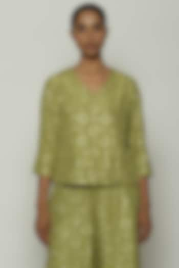 Amla Green Habutai Silk Printed & Embroidered Top by Abraham & Thakore at Pernia's Pop Up Shop