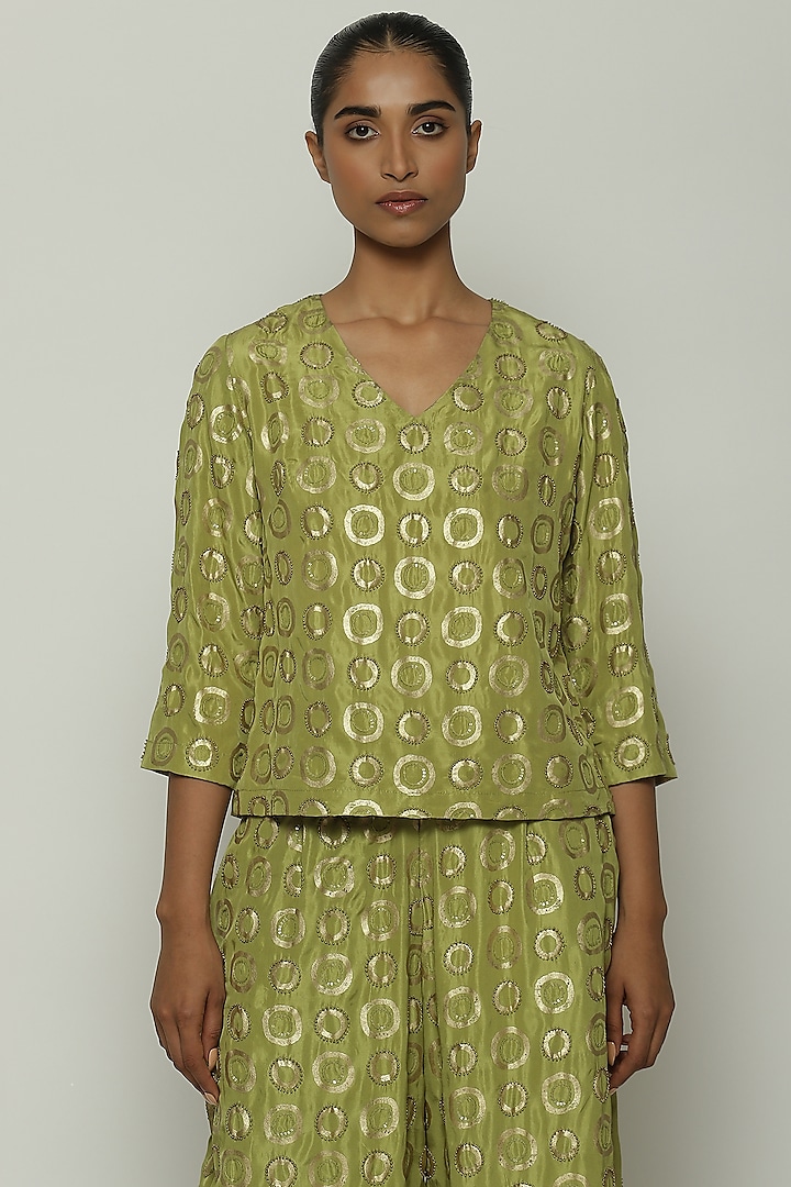 Amla Green Habutai Silk Printed & Embroidered Top by Abraham & Thakore at Pernia's Pop Up Shop