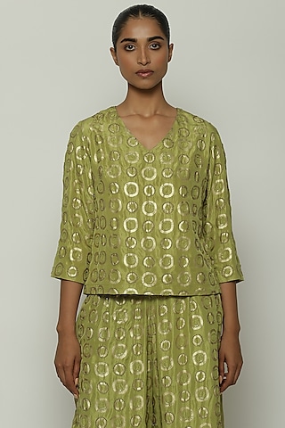 Amla Green Habutai Silk Printed & Embroidered Top by Abraham & Thakore