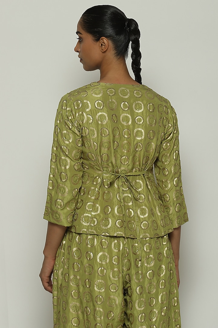 Amla Green Habutai Silk Printed & Embroidered Top by Abraham & Thakore at Pernia's Pop Up Shop