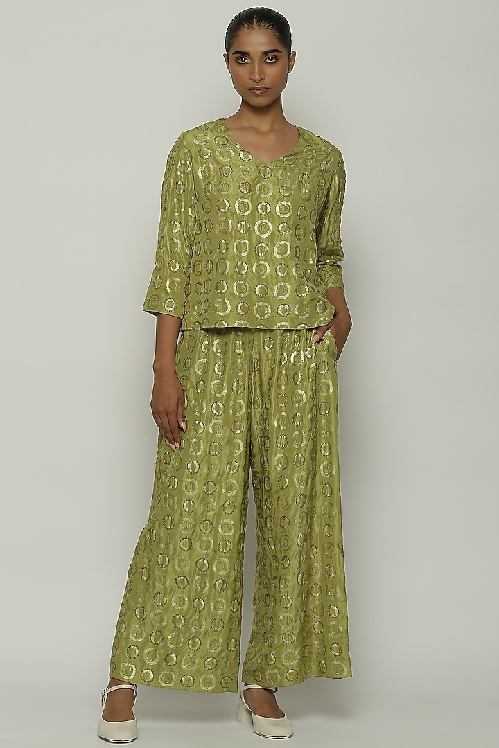 Amla Green Habutai Silk Printed & Embroidered Top by Abraham & Thakore at Pernia's Pop Up Shop