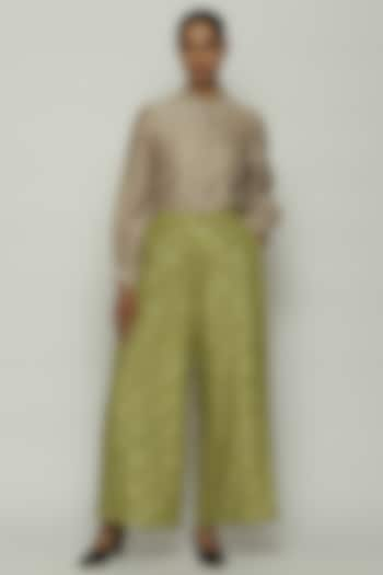 Amla Green Habutai Silk Printed & Embroidered Pants by Abraham & Thakore at Pernia's Pop Up Shop