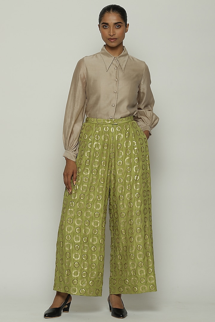 Amla Green Habutai Silk Printed & Embroidered Pants by Abraham & Thakore at Pernia's Pop Up Shop