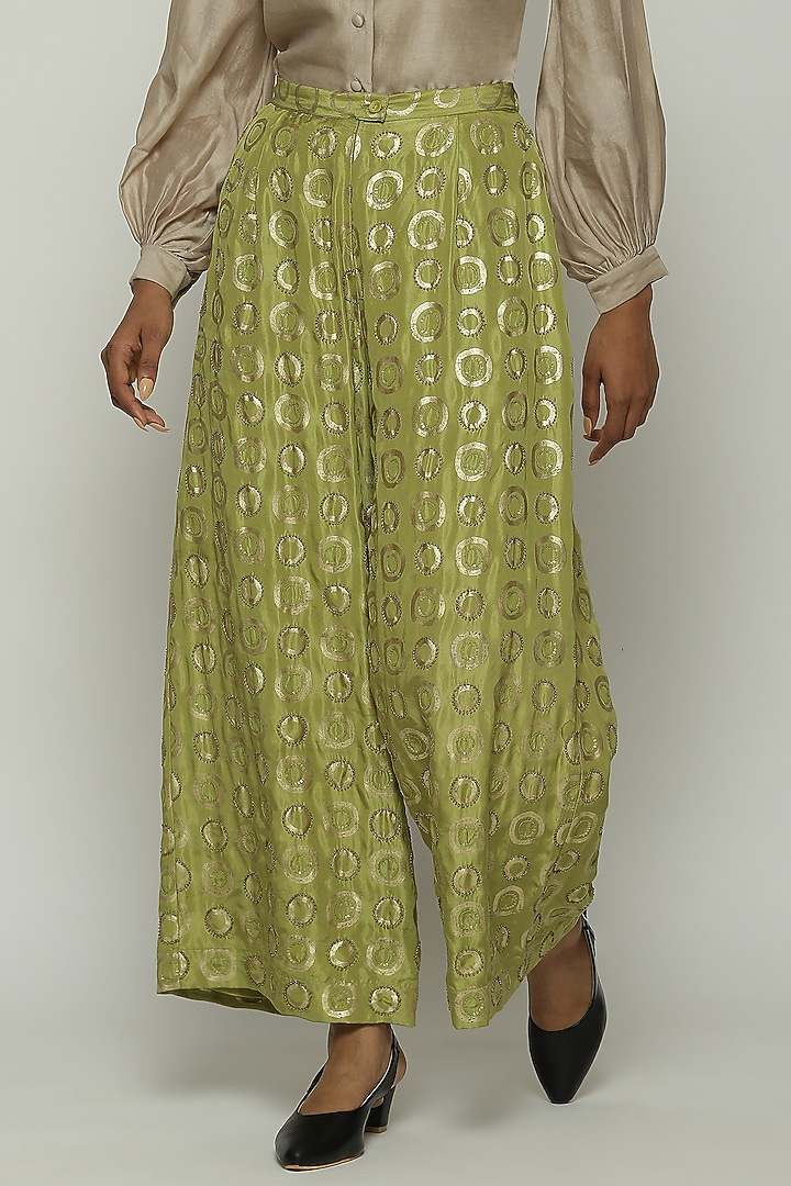 Amla Green Habutai Silk Printed & Embroidered Pants by Abraham & Thakore at Pernia's Pop Up Shop