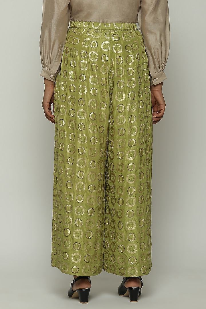 Amla Green Habutai Silk Printed & Embroidered Pants by Abraham & Thakore at Pernia's Pop Up Shop