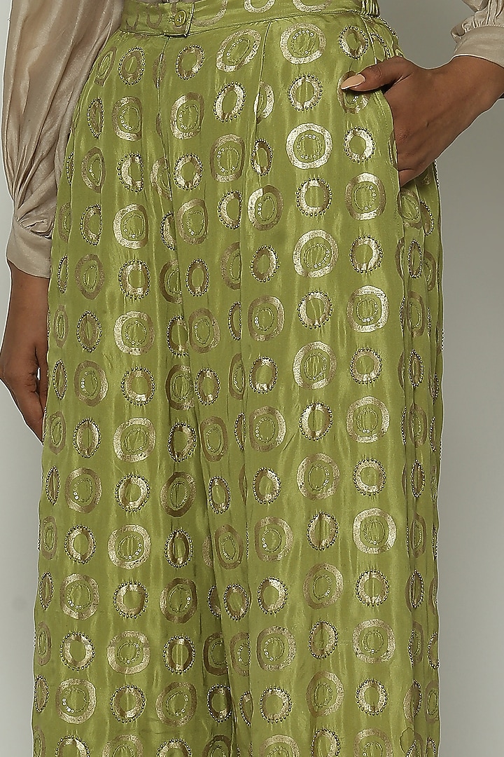 Amla Green Habutai Silk Printed & Embroidered Pants by Abraham & Thakore at Pernia's Pop Up Shop