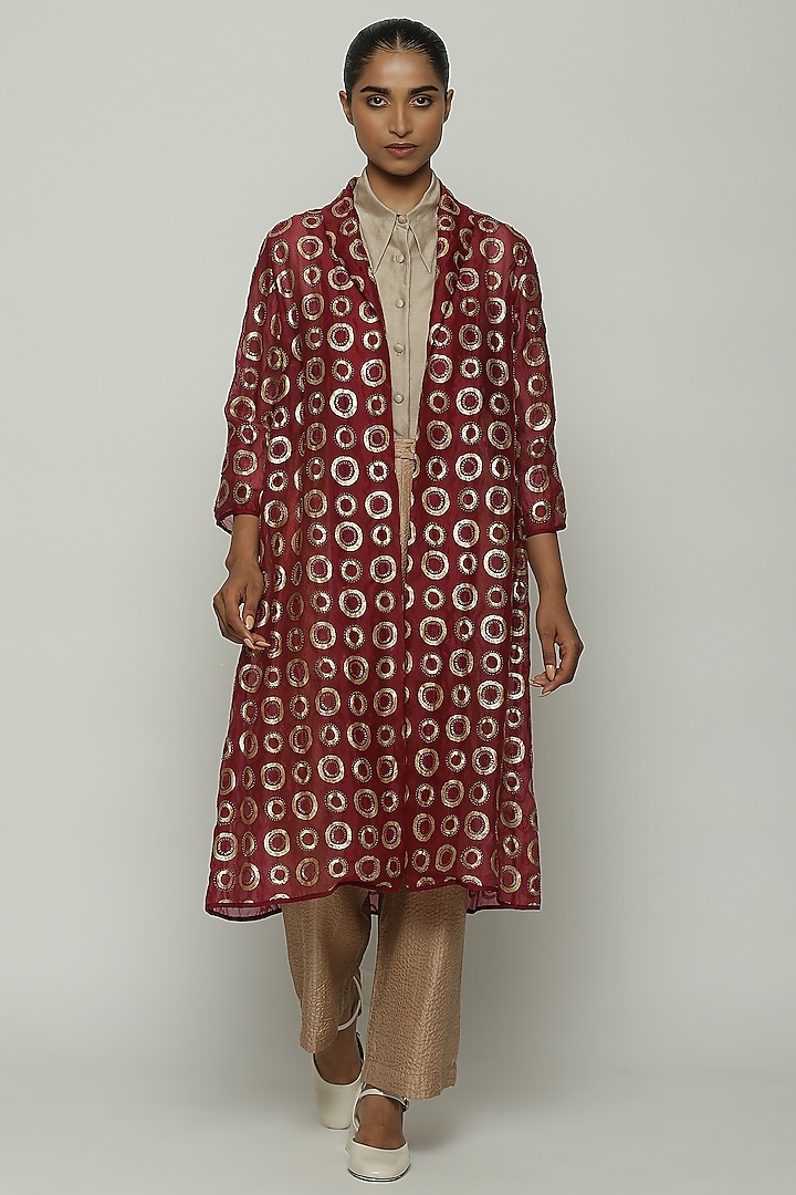 Wine Silk Organza Printed & Embroidered Jacket by Abraham & Thakore at Pernia's Pop Up Shop