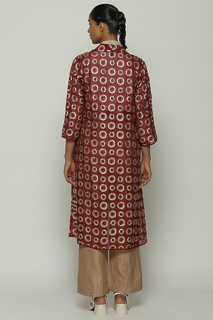 Wine Silk Organza Printed & Embroidered Jacket by Abraham & Thakore at Pernia's Pop Up Shop