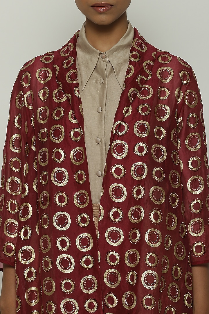 Wine Silk Organza Printed & Embroidered Jacket by Abraham & Thakore at Pernia's Pop Up Shop