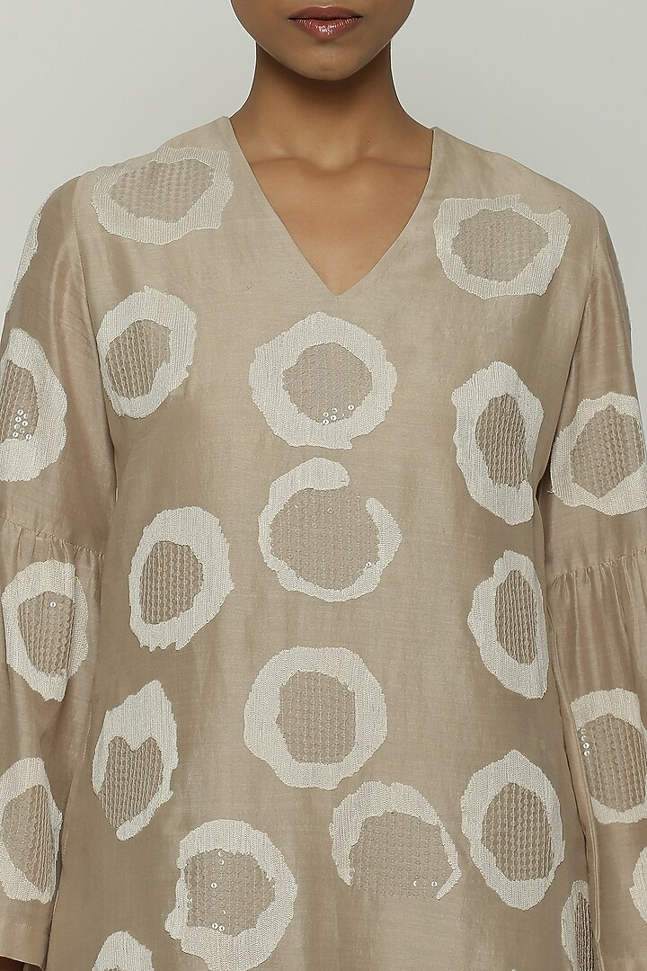 Smoky White Chanderi Hand & Machine Embroidered Mini Vacation Dress by Abraham & Thakore at Pernia's Pop Up Shop