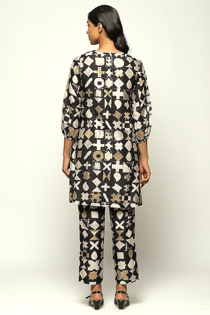 Black Chanderi Printed & Embroidered Mini Vacation Dress by Abraham & Thakore at Pernia's Pop Up Shop