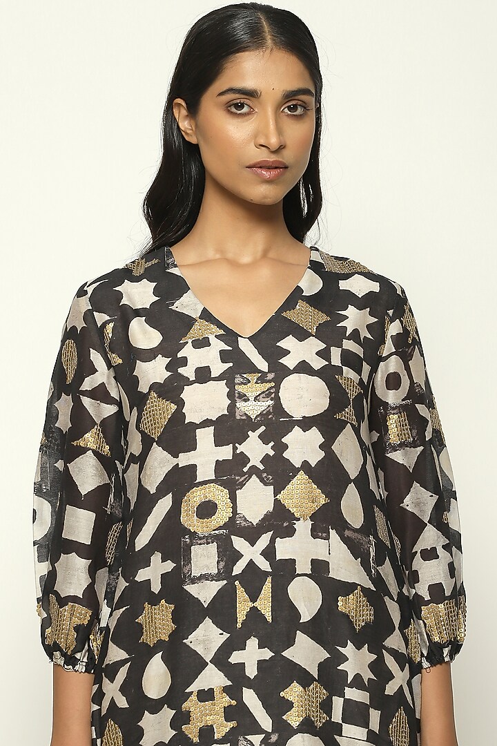Black Chanderi Printed & Embroidered Mini Vacation Dress by Abraham & Thakore at Pernia's Pop Up Shop