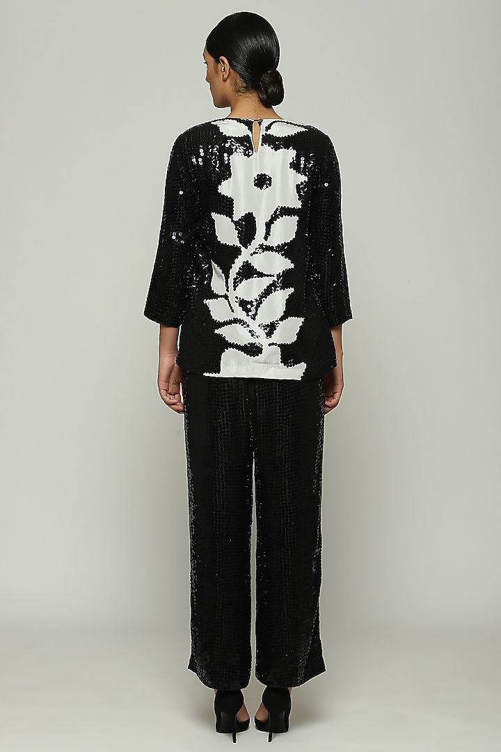 Black Habutai Silk Printed & Embroidered Top by Abraham & Thakore at Pernia's Pop Up Shop