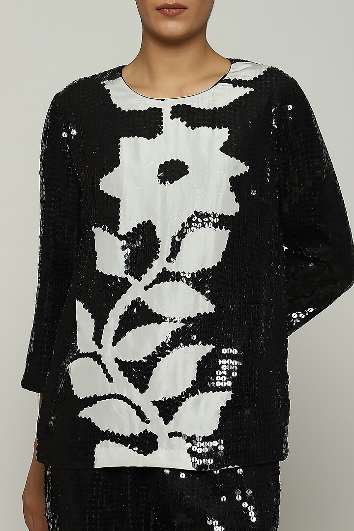 Black Habutai Silk Printed & Embroidered Top by Abraham & Thakore at Pernia's Pop Up Shop