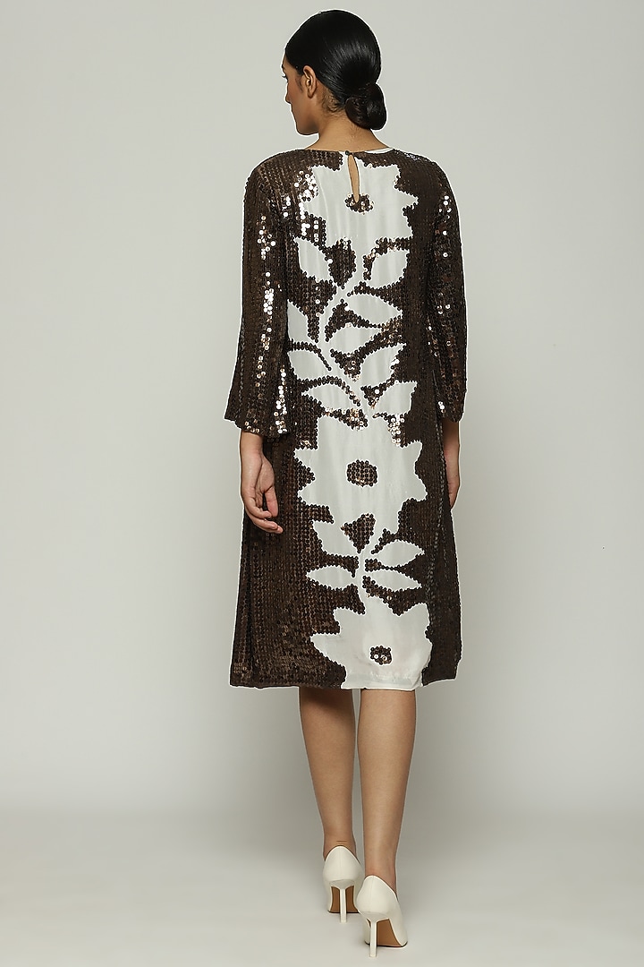 Chocolate Brown Habutai Silk Printed & Embroidered Cocktail Dress by Abraham & Thakore at Pernia's Pop Up Shop