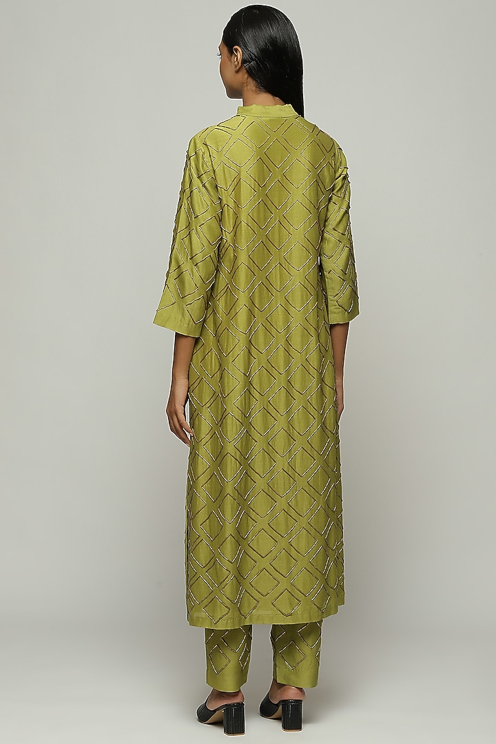 Amla Green Chanderi Hand Embroidered Shirt by Abraham & Thakore at Pernia's Pop Up Shop
