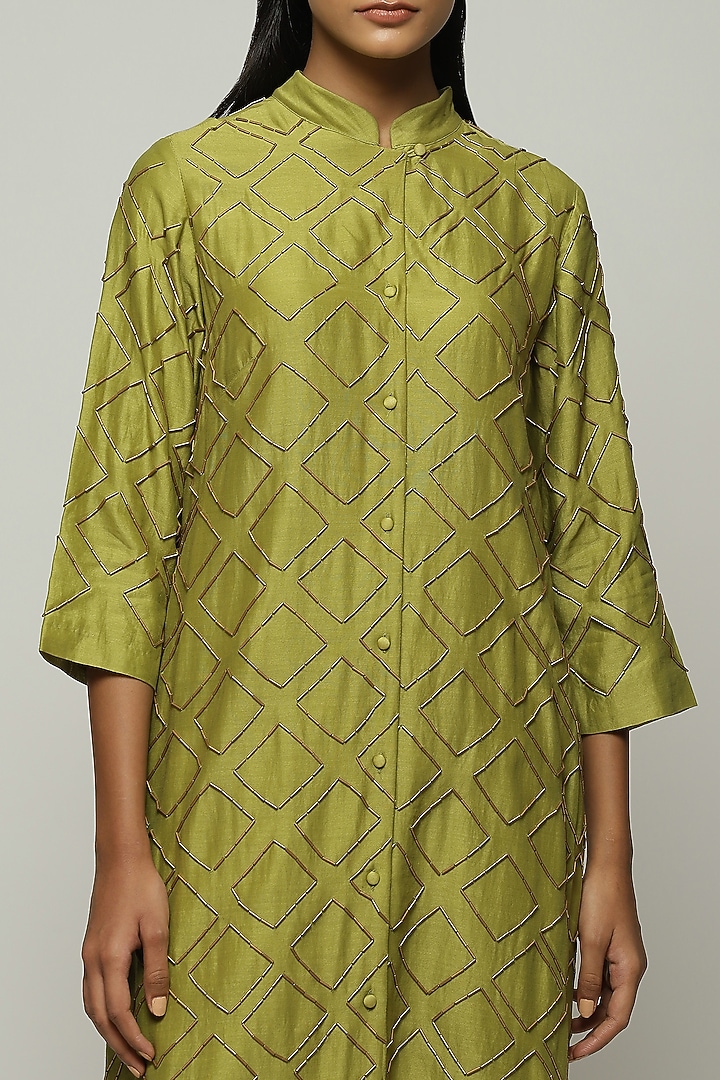 Amla Green Chanderi Hand Embroidered Shirt by Abraham & Thakore at Pernia's Pop Up Shop