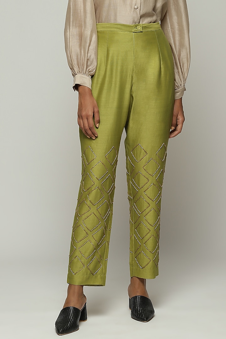Amla Green Chanderi Hand Embroidered Pants by Abraham & Thakore at Pernia's Pop Up Shop