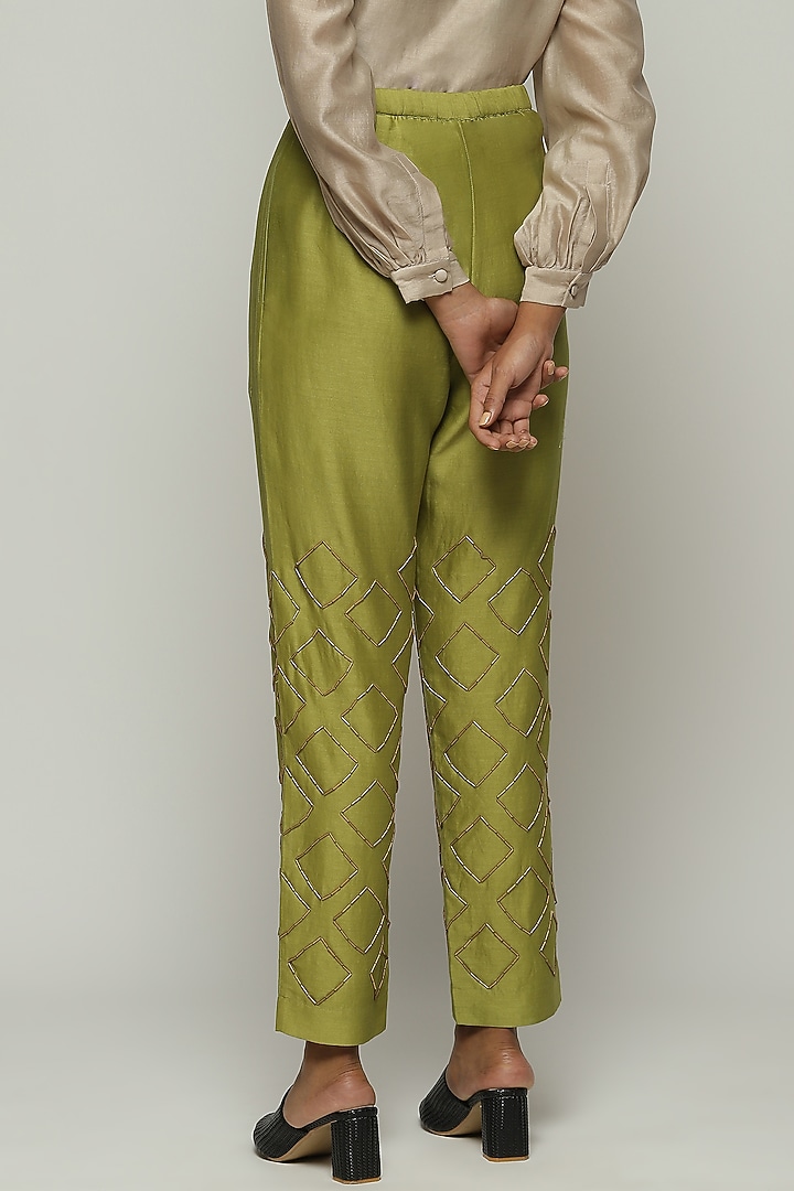 Amla Green Chanderi Hand Embroidered Pants by Abraham & Thakore at Pernia's Pop Up Shop