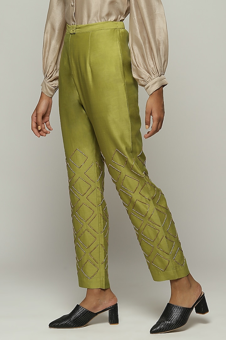 Amla Green Chanderi Hand Embroidered Pants by Abraham & Thakore at Pernia's Pop Up Shop
